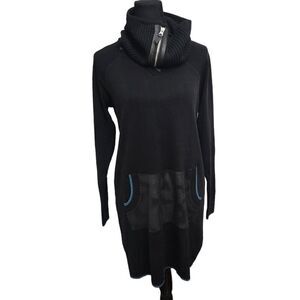 Dino Gaspari Black Ribbed Knit Dress with Collar Medium Faux Leather Pocket